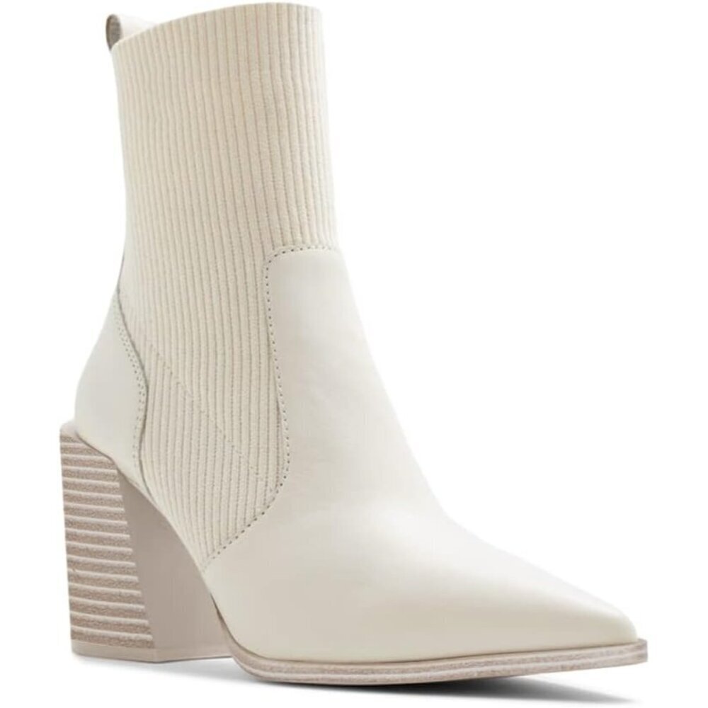 Women's Creamy White Chunky Stacked Heel Ankle Boots Pointed Toe Slip On Booties
